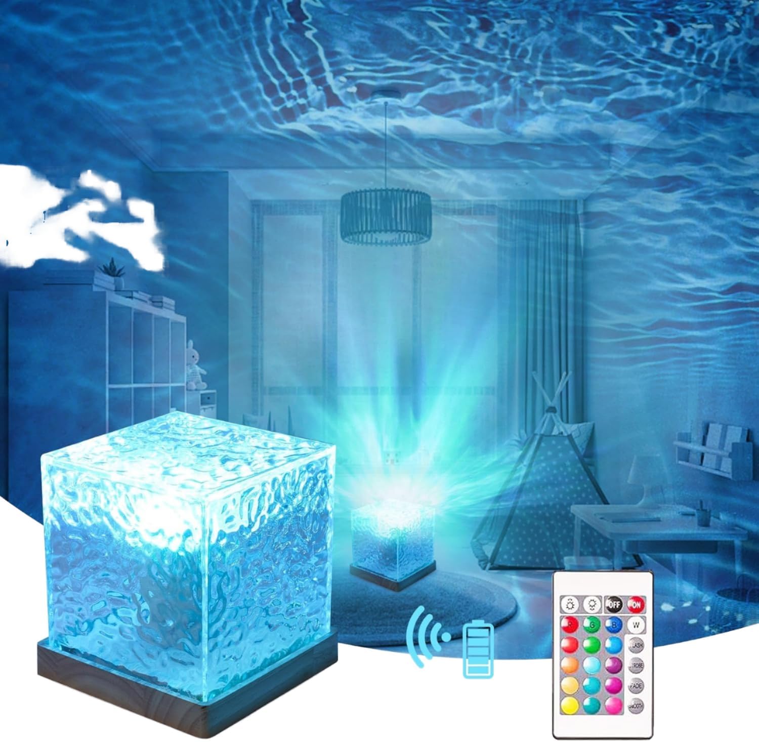 Ocean Wave Projection Light, 16-Color LED Cube Lamp with Remote